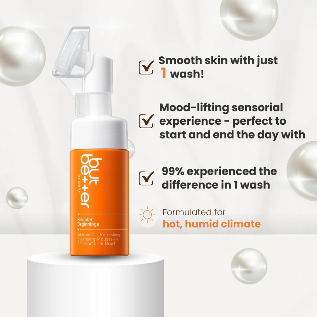 Orange skincare product with white cap on a light gray background with text about skin benefits.