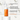 Orange skincare product with white cap on a light gray background with text about skin benefits.