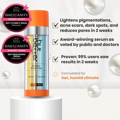 Vitamin C serum bottle with Daily Vanity awards on a white background